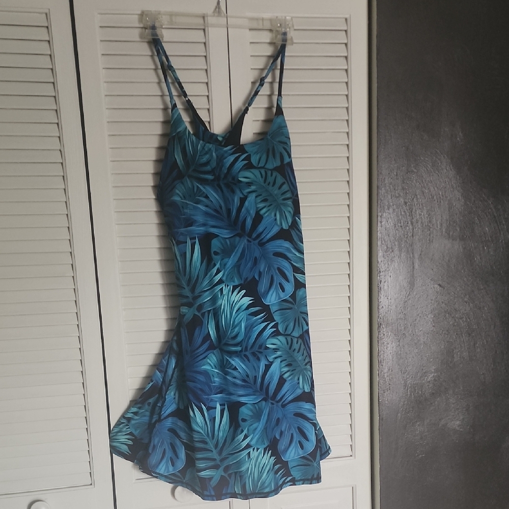 CVG LIMITLESS Dress Tropical Blue Leaf Print